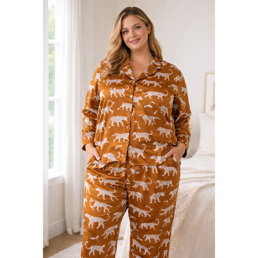 BP Satin Leopard Print Pajama Set Women's XL Luxe Button-Up Long Sleeve Lounge